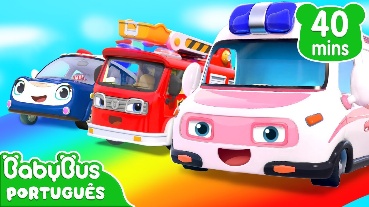 conjunto de carros da cidade do bebê. transporte engraçado. ilustração  vetorial dos desenhos animados em estilo simples infantil simples para  crianças. o carro de bombeiros, ambulância, polícia, ônibus escolar e  corridas isoladas