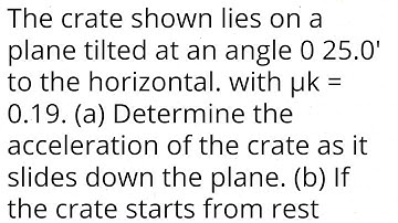The crate shown lies on a plane tilted at an angle θ=25 to the horizontal. with μk=0.19. (a) find a