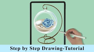 Succulent Plant in a Glass Ball Vase iPad Procreate Drawing - Step by Step Drawing Tutorial