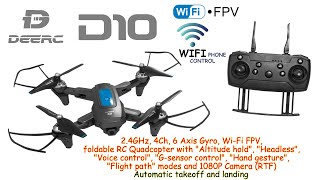 DEERC D10 2.4GHz, 4Ch, 6 Axis, WiFi FPV, Foldable, Alt. hold, Headless, G-sensor, 1080P Camera (RTF)