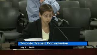 Tyc transit lead, bri gardner, speaks at the july 11, 2016 ttc board
on toronto youth cabinet's position amendments to fare policy.