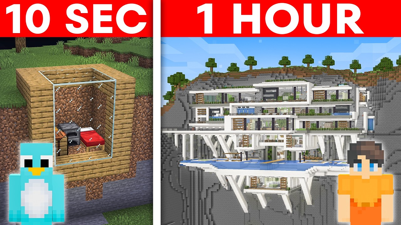10 Seconds vs 1 Hour: MODERN MOUNTAIN House Build Challenge in Minecraft
