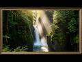 Sunlit Forest Waterfall, Peaceful Nature Escape | Gold Framed TV Art Screensaver