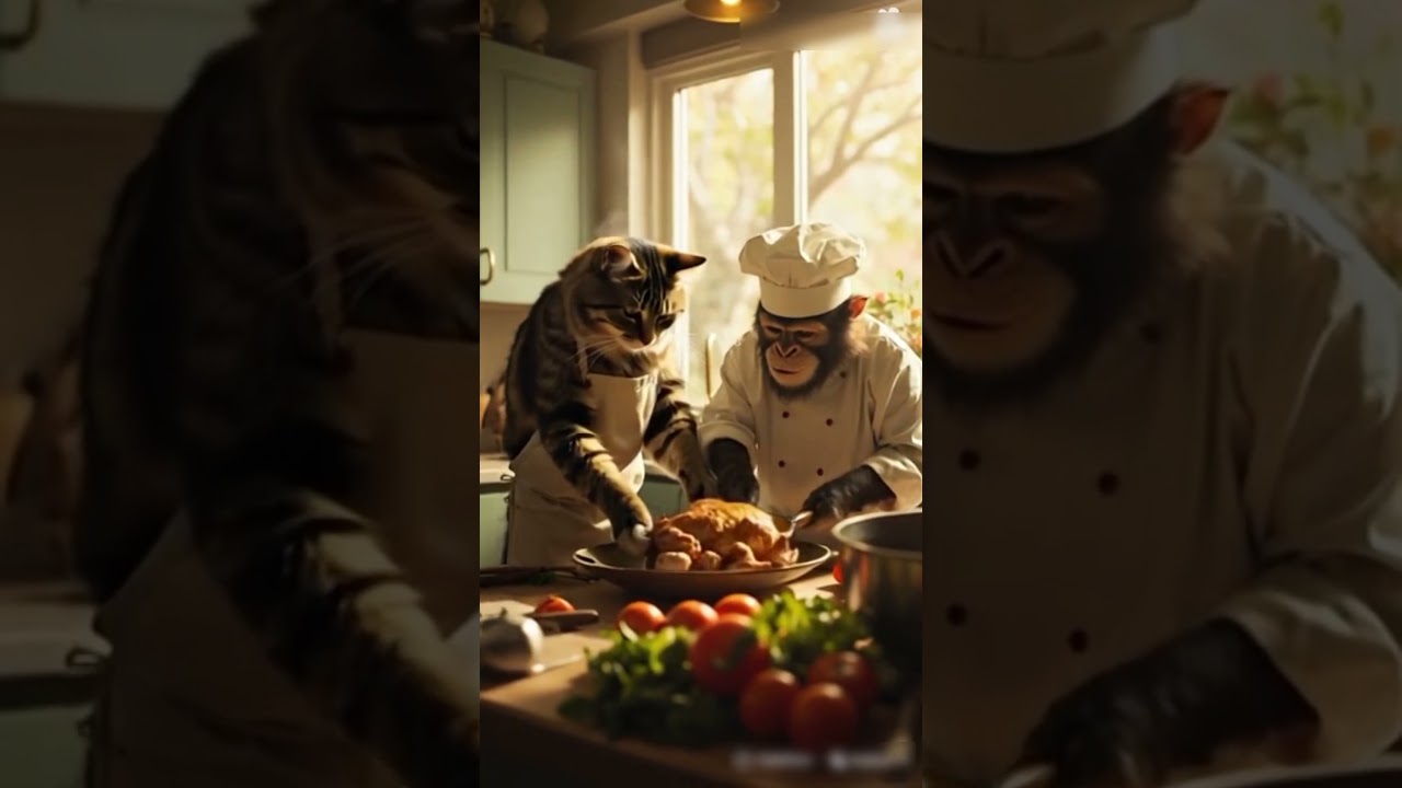 A beautiful story of Cat and Monkey cooking 