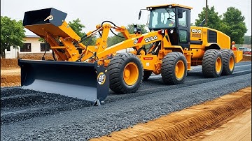 Heavy road construction machinery, a Motor grader, road rollers, working on a road-building project