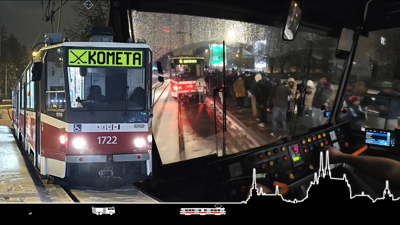 Posilový spoj na hokej - sníh, déšť, ledovka a prodloužená jízda 🚋 Cab view tram Brno
