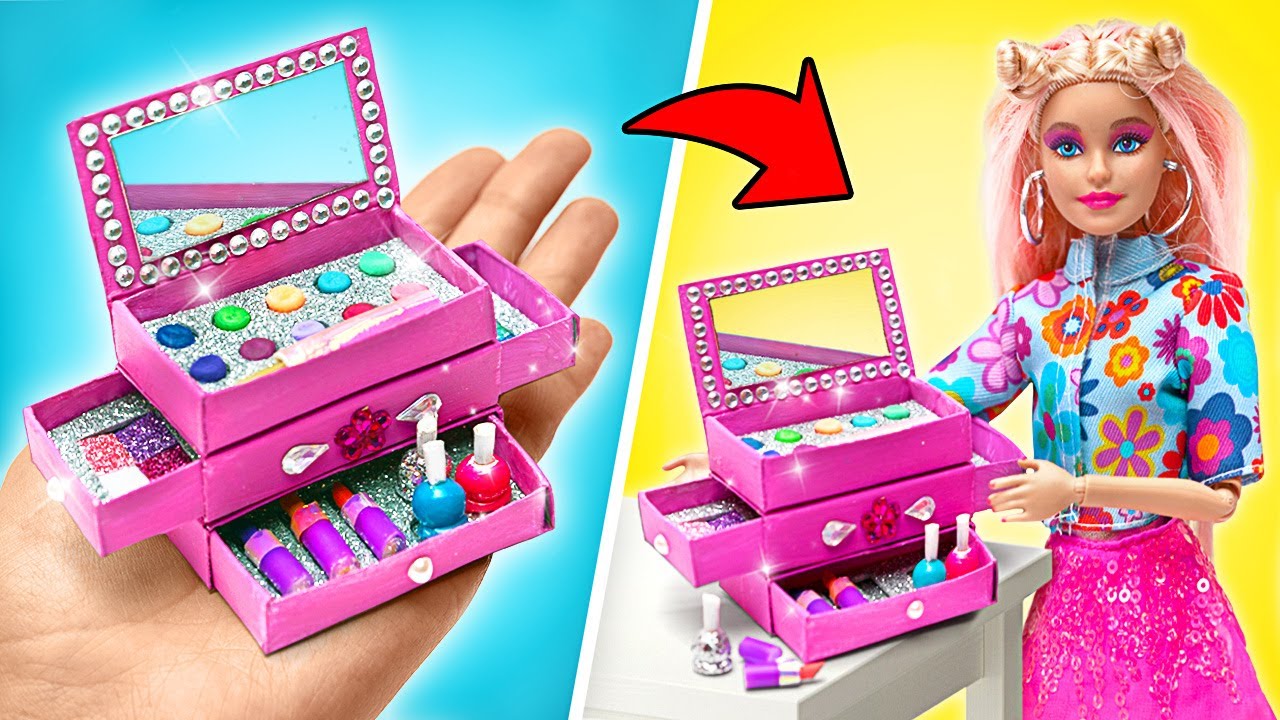 DIY 人形用の輝くミニチュア・メイクボックスと鏡のセット