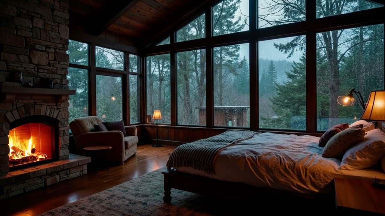 Rain Sounds in Stone Fireplace Glass Cabin | Cozy Forest Night Ambience for Deep Sleep