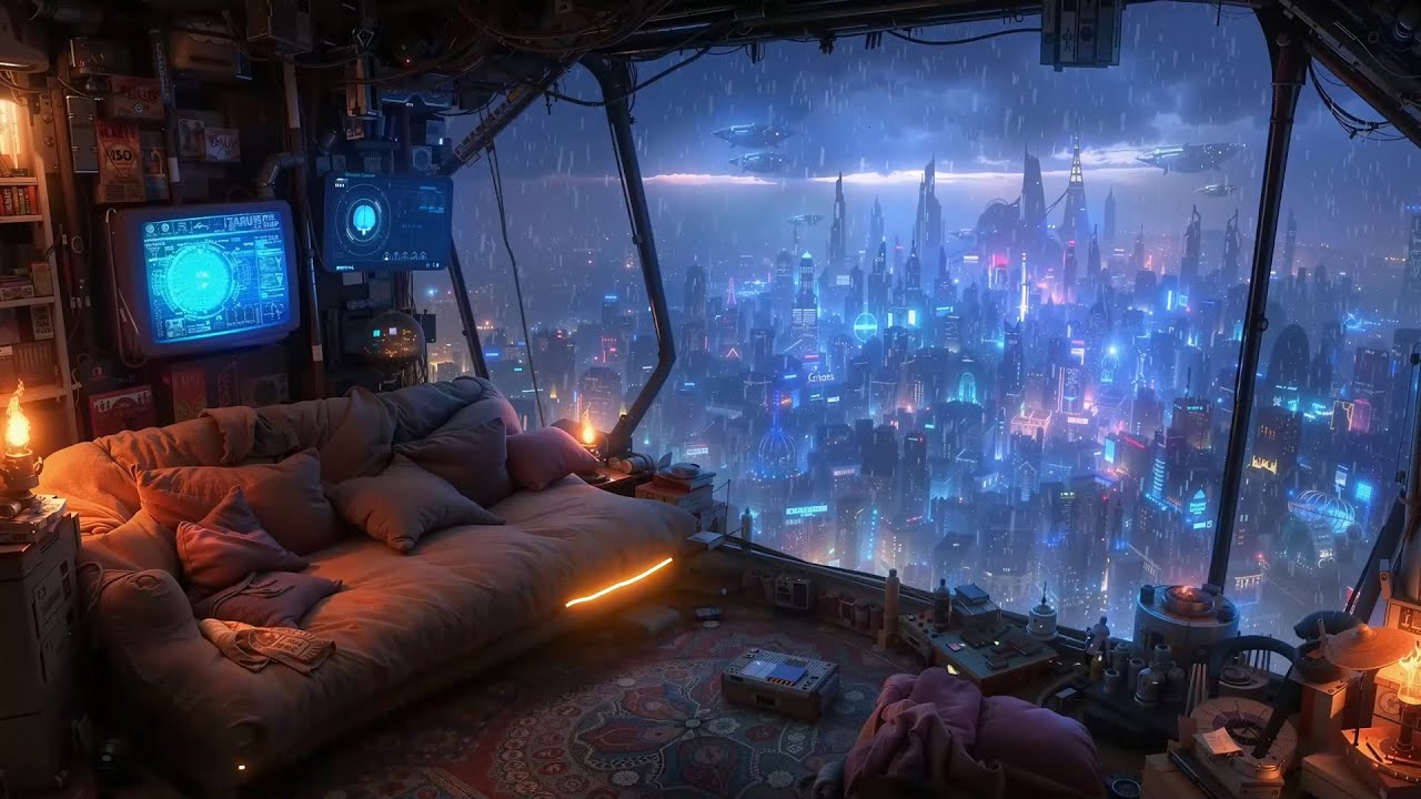邦楽 Android Apartment Neoncity NCR034B Cyberpunk Apartment Living Room with Neon City View at Night Stock