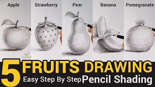 How To Draw 5 Fruits | Apple, Strawberry, Pear, Banana, Pomegranate with Pencil Shading Drawing screenshot 1