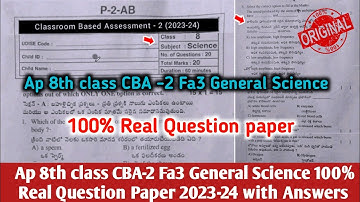 Ap 8th class Science Fa3 💯real question paper And answer 2023-24|8th class CBA2 fa3 ps&ns answer key