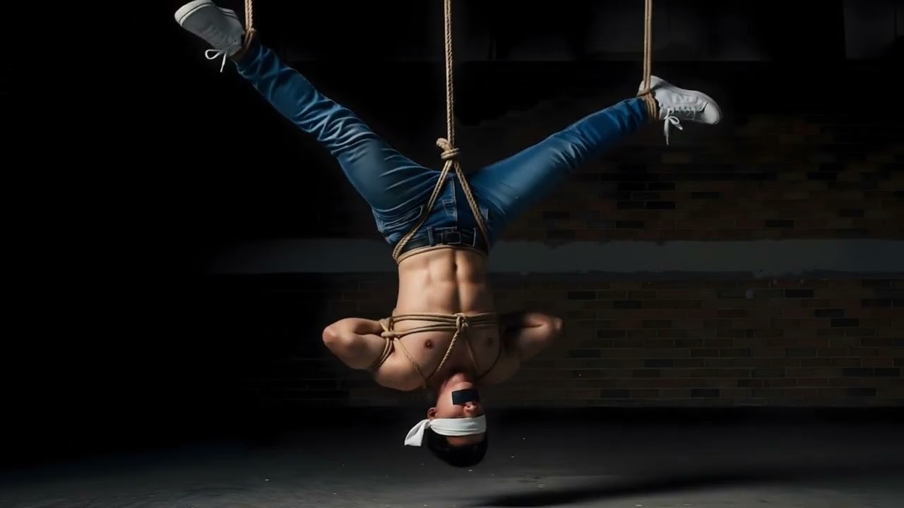 A handsome shirtless man, tied up and hanging