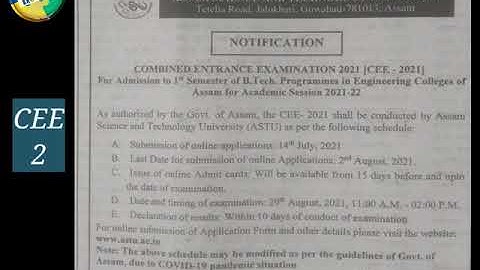 Assam CEE- 2021 Official Notification | 2021-2022