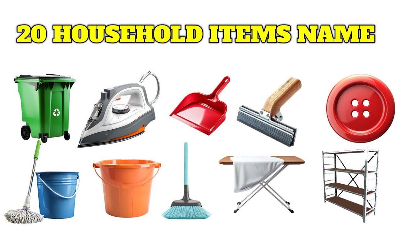 20 घर में इस्तेमाल होने वाली चीजों के नाम | Household Items for Kids | Hindi English Abu Guru 