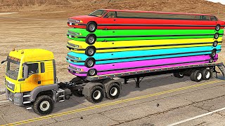 Flatbed Trailer Long Cars Transportation with Truck - Car vs Speed Bump vs Deep Water - BeamNG.Drive