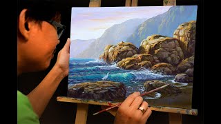 Acrylic Landscape Painting in Time-lapse / Rocky Beach and Crashing Waves / JMLisondra