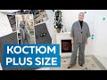 Брючный костюм Plus size. Показ готового изделия — женский жакет с воротником апаш и широкие брюки.