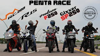 Suzuki Gixxer SF250 vs KTM RC200 vs Pulsar F250 vs Yamaha R15M vs RE Hunter 350 Long Race