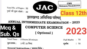 Class 12th Computer science 2023 Question paper jac board||Intermediate Computer science 2023||