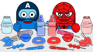 Red food VS blue food Ani mukbang Spiderman &amp; Captain America