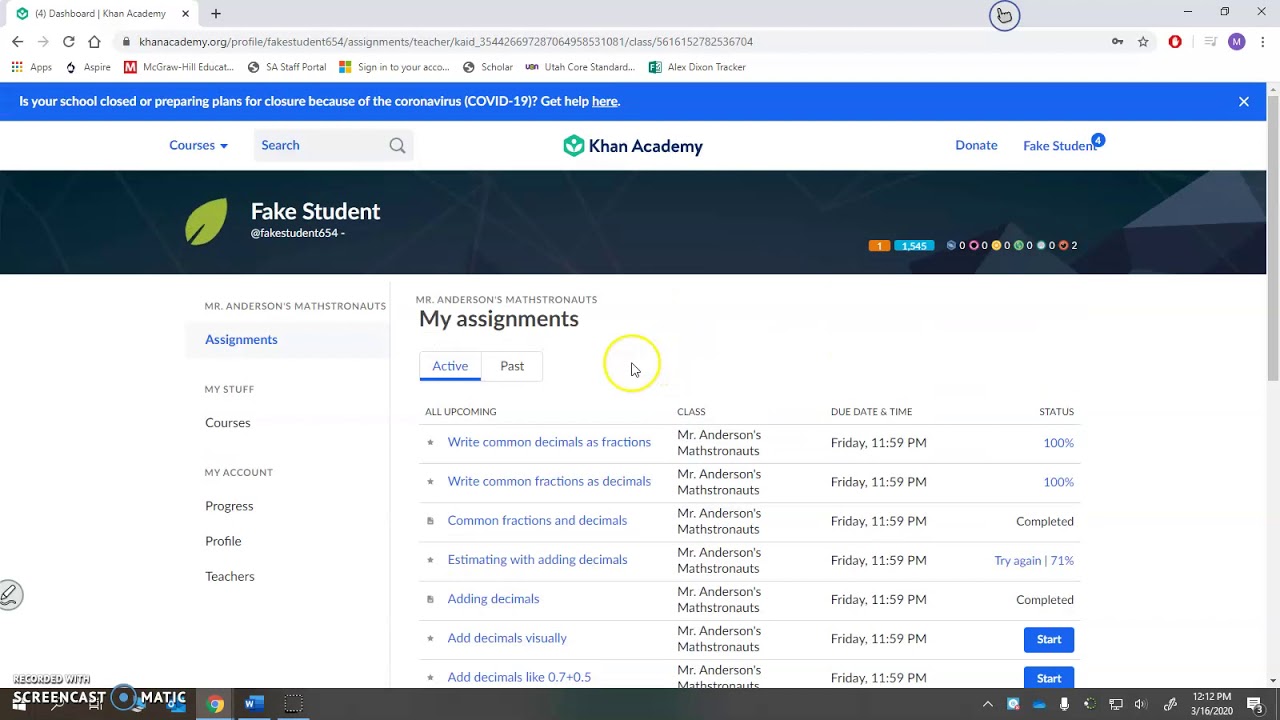 assignment of khan academy