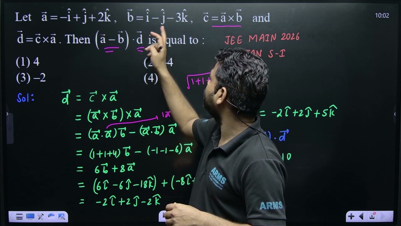 Let a=-iˆ+jˆ+2kˆ, b=iˆ-jˆ-3kˆ, c=ab  and d=ca. Then (a-b)⋅d is equal to :(1) 4(2) -4(3) -2(4) 2
