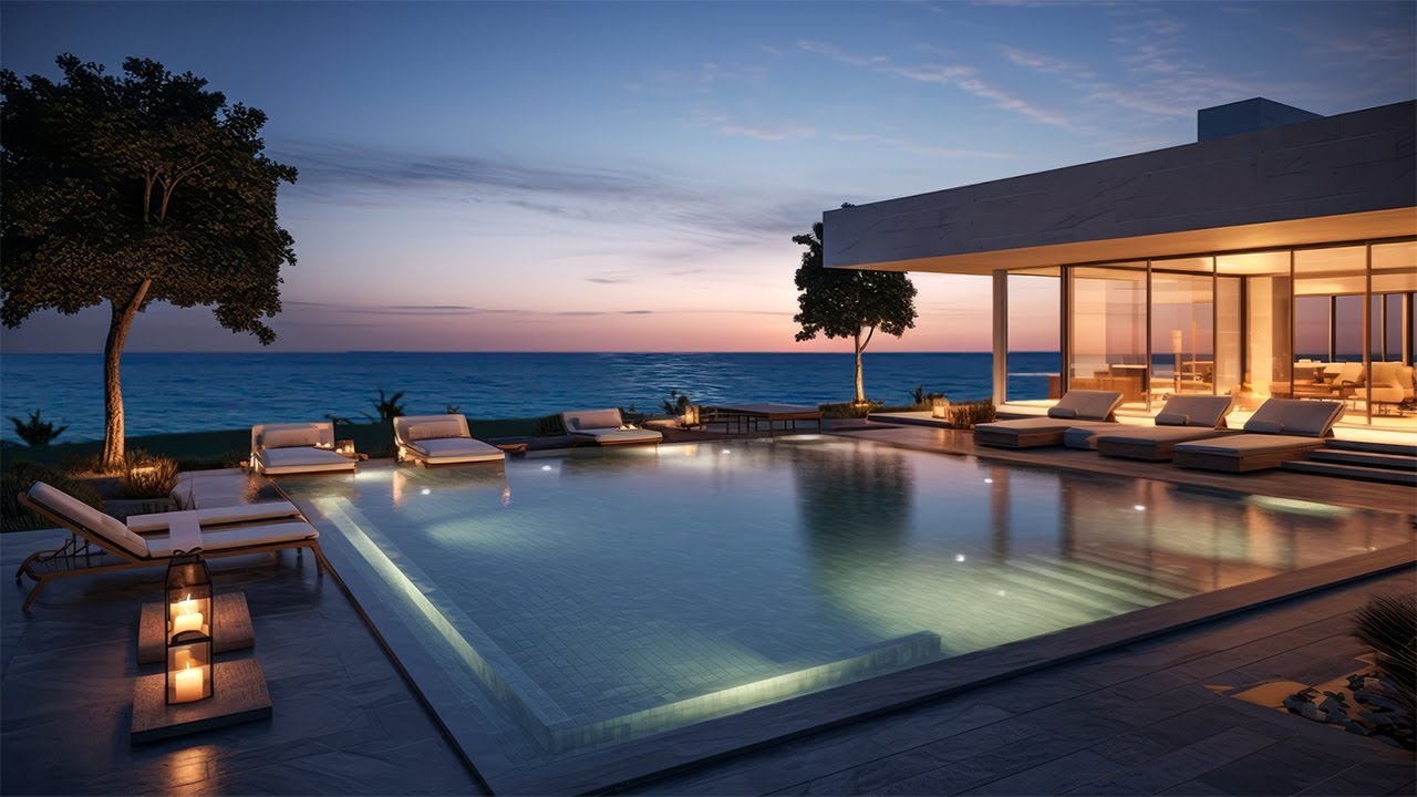 Идеальная ночь джаза в роскошном отеле 4K с бассейном. Место для удивительного отдыха на море с джаз