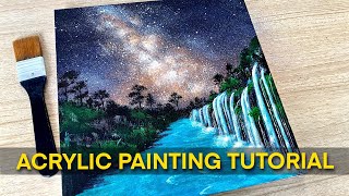 (ENG SUB) Easy Waterfall Landscape Painting Tutorial / Acrylic painting / Daily Challenge #110