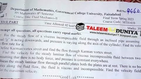 MTH610 Fluid Mechanic 2...2023 past pepar solution Main campus B