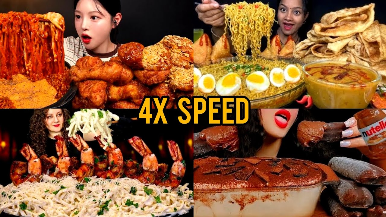4x speed | Asmr | mukbung | tiramisu | chocolate | ramen | chicken | cheese | maggi | alfredo pasta 