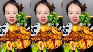 Yummy Spicy Food Mukbang, Braised Pork Belly Spicy Seafood And Green Vegetables, Spicy Glass Noodles