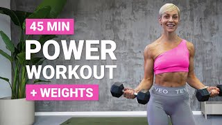 45 MIN POWER WORKOUT | Strength + Conditioning | Full Body DB Workout | + Weights | No Repeat