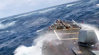 Gigantic US Navy Destroyer Battles Massive Waves During Storm