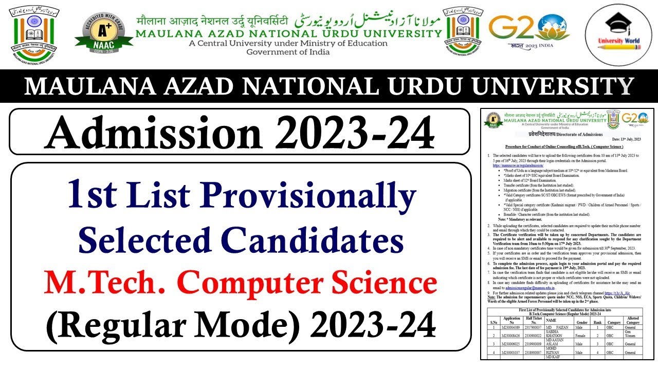 Manuu 1st Selected Candidates List of M.Tech (C. S) || Manuu Admission 2023-24 || 