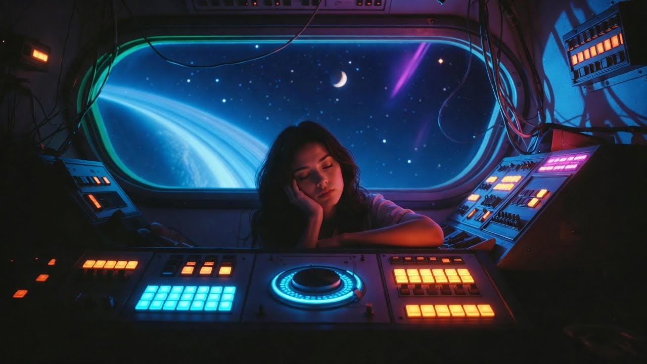 8 Hours Neon Cockpit Hypersleep | Deep Space Drone Ambience with Ringed Planet View 🌌🔵✨
