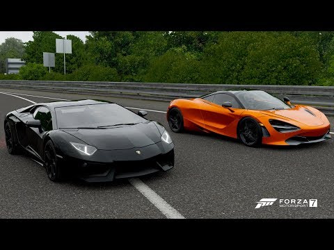 forza-7-drag-race:-lamborghini-aventador-twin-turbo-vs-mclaren-720s