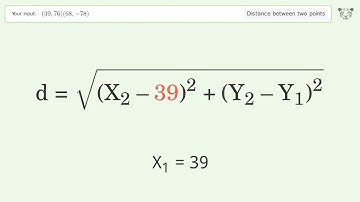 Find the distance between two points p1 (39,76) and p2 (68,-78): Step-by-Step Video Solution