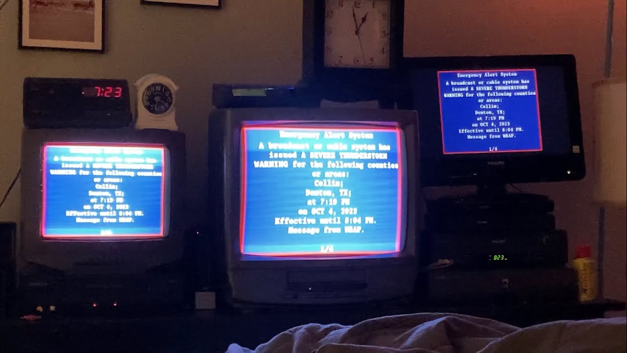 Eas severe thunderstorm warning on 2 crt tv s and one small flat screen