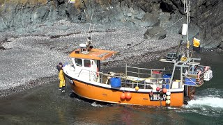 Fishing boat Kingfisher II coming home after a day crabbing. Cadgwith Cove Cornwall UK