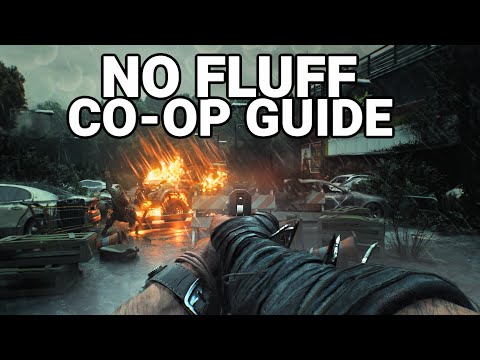First-person view of Kyle Crane's wrapped forearm facing burning wrecks and infected in the rain under the title No Fluff Co-op Guide