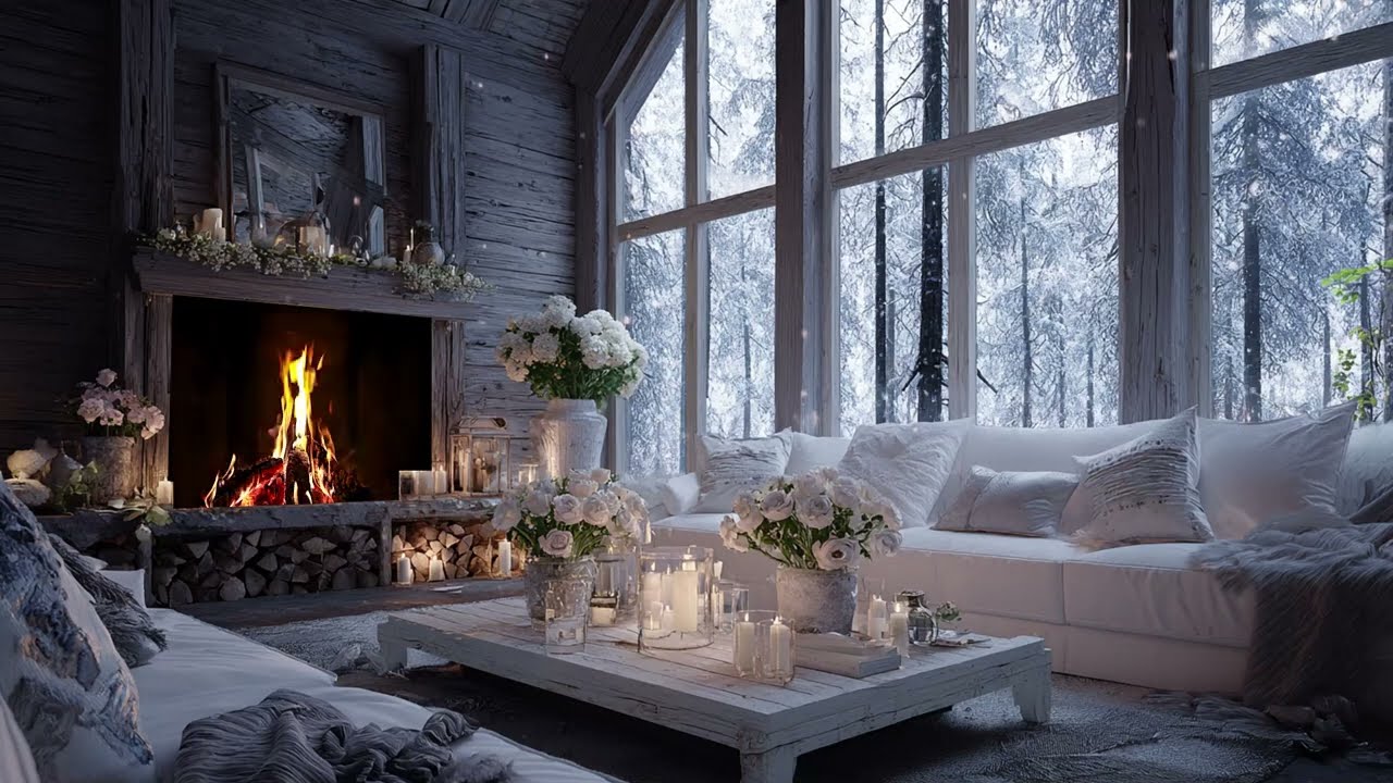 Winter Wonderland Piano: Cozy Cabin Fireplace and Snowing Outside for a Restful Meditation