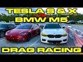 Tesla Model S and X P100D Ludicrous vs 600HP 2018 BMW F90 M5 1/4 Mile Drag Racing with VBOX Data