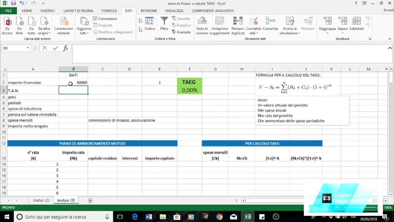costruzione piano di ammortamento mutuo e calcolo TAEG con Excel - YouTube