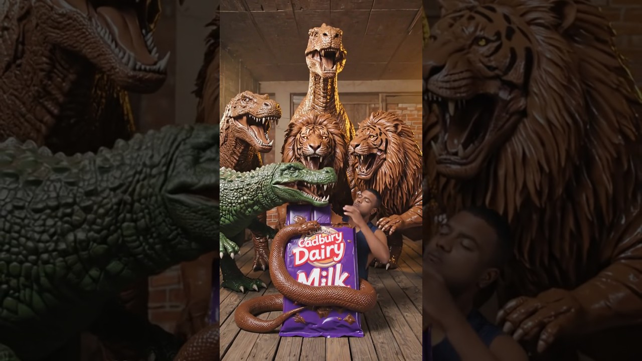 dairy milk chocolate eating Dinosaur, crocodile, lion, tiger and snake