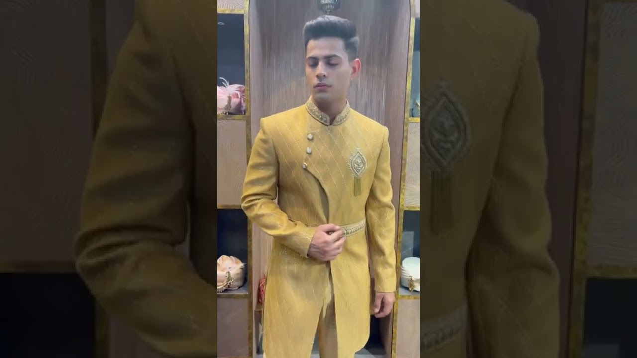 Dusky Mustard Embroidered Angrakha Achkan with Beige Gold Pants | SIA23