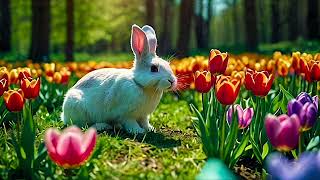 2 Hour: Moving Easter Bunny Relaxing in Vibrant Tulips (Ambience Video)