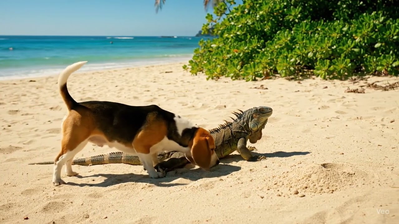 A beagle encounters wildlife on a Costa Rican beach