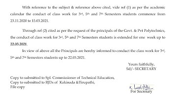 AP SBTET New Notification 2021 about Extension of Class Work Dates of 3rd,5th,7th Semesters Students