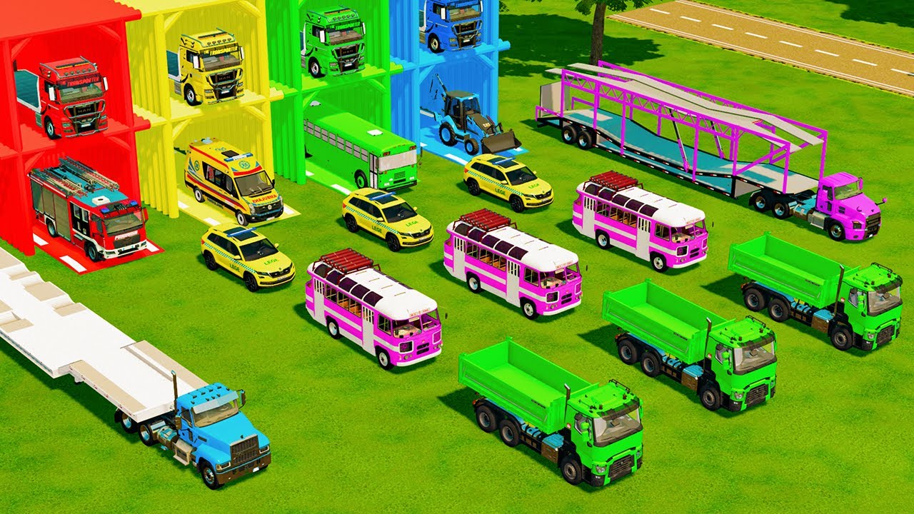 Garage with Colors - ALL MIXER TRUCK WITH DOUBLE FLATBED TRAILER TRUCK, CATERPILLAR, VOLVO, MAN
