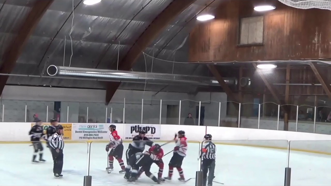 Hockey players fight and referee fights with player and guy knocks out